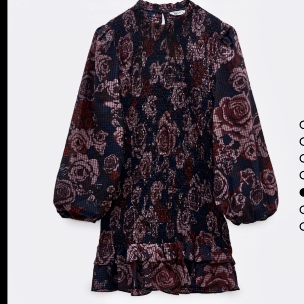 Zara puff sleeves Smocked Floral Print Ruffled Hem Mini Dress sz.XS - Picture 4 of 16
